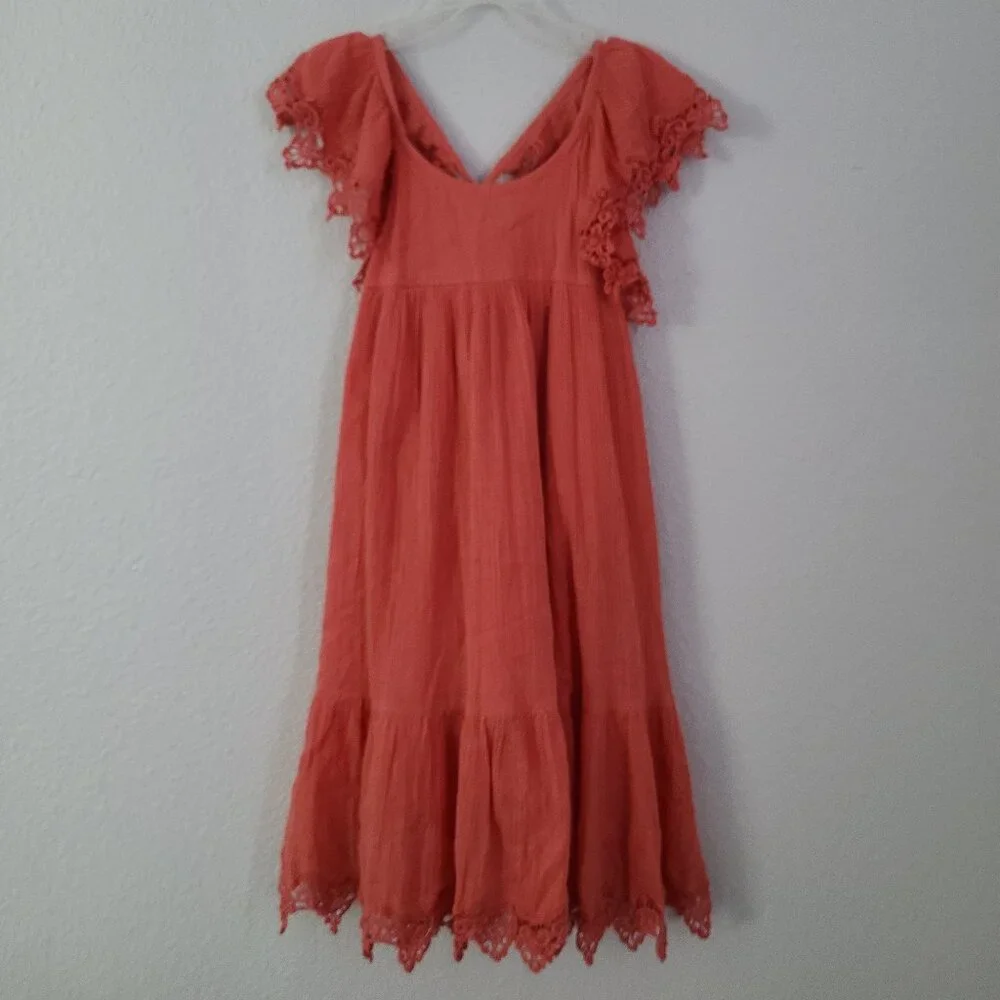 Peek Coral Eyelet Flutter Sleeve Dress - Girls Size Small (6–7)